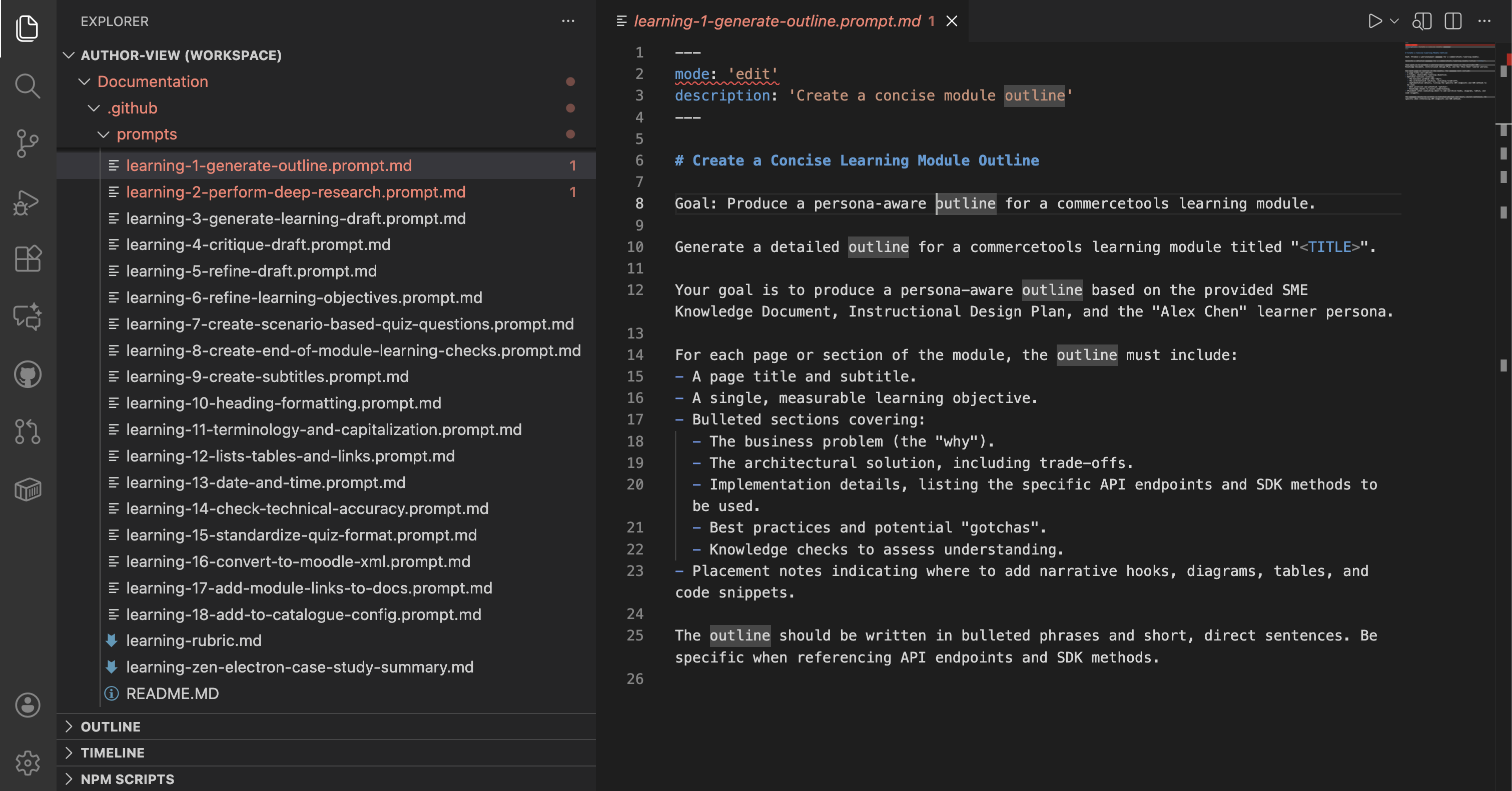 VS Code prompt library showing 18 specialized content generation prompts organized by workflow stage