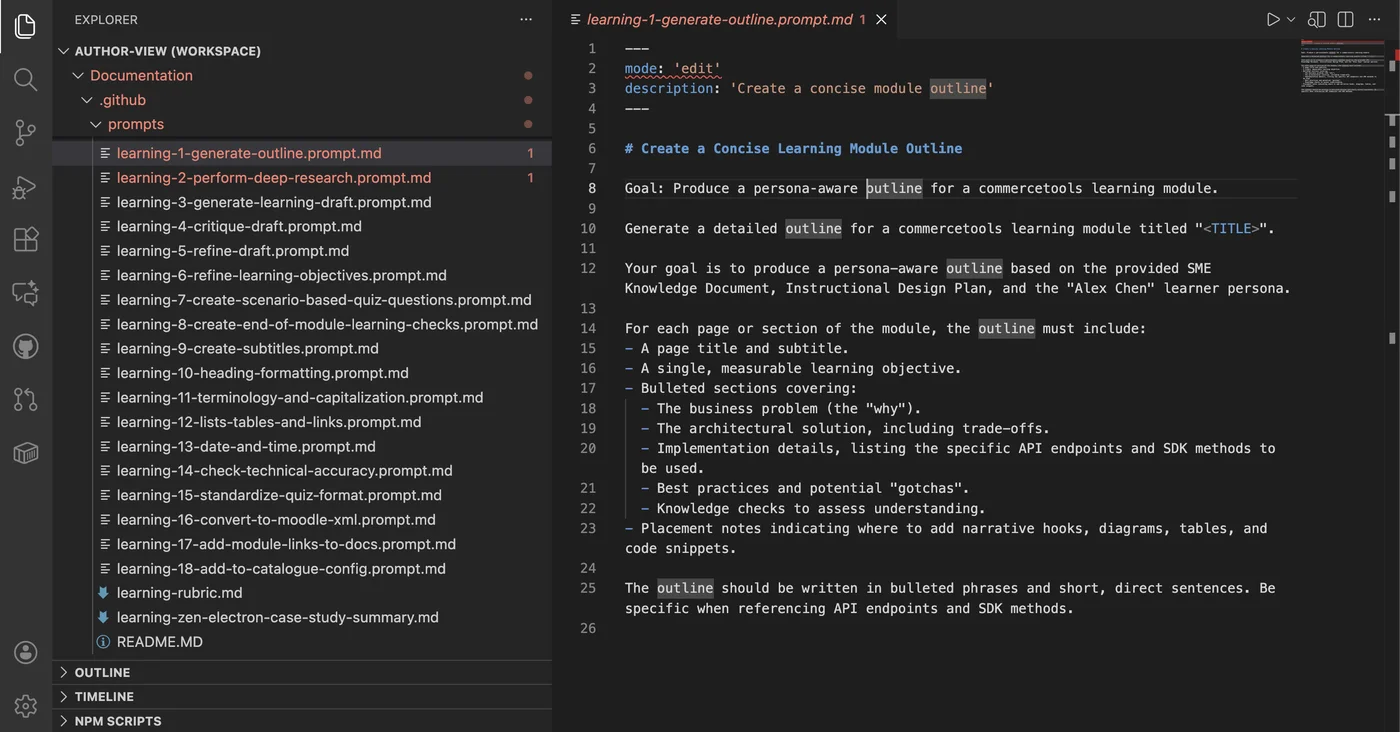 VS Code prompt library showing 18 specialized content generation prompts organized by workflow stage