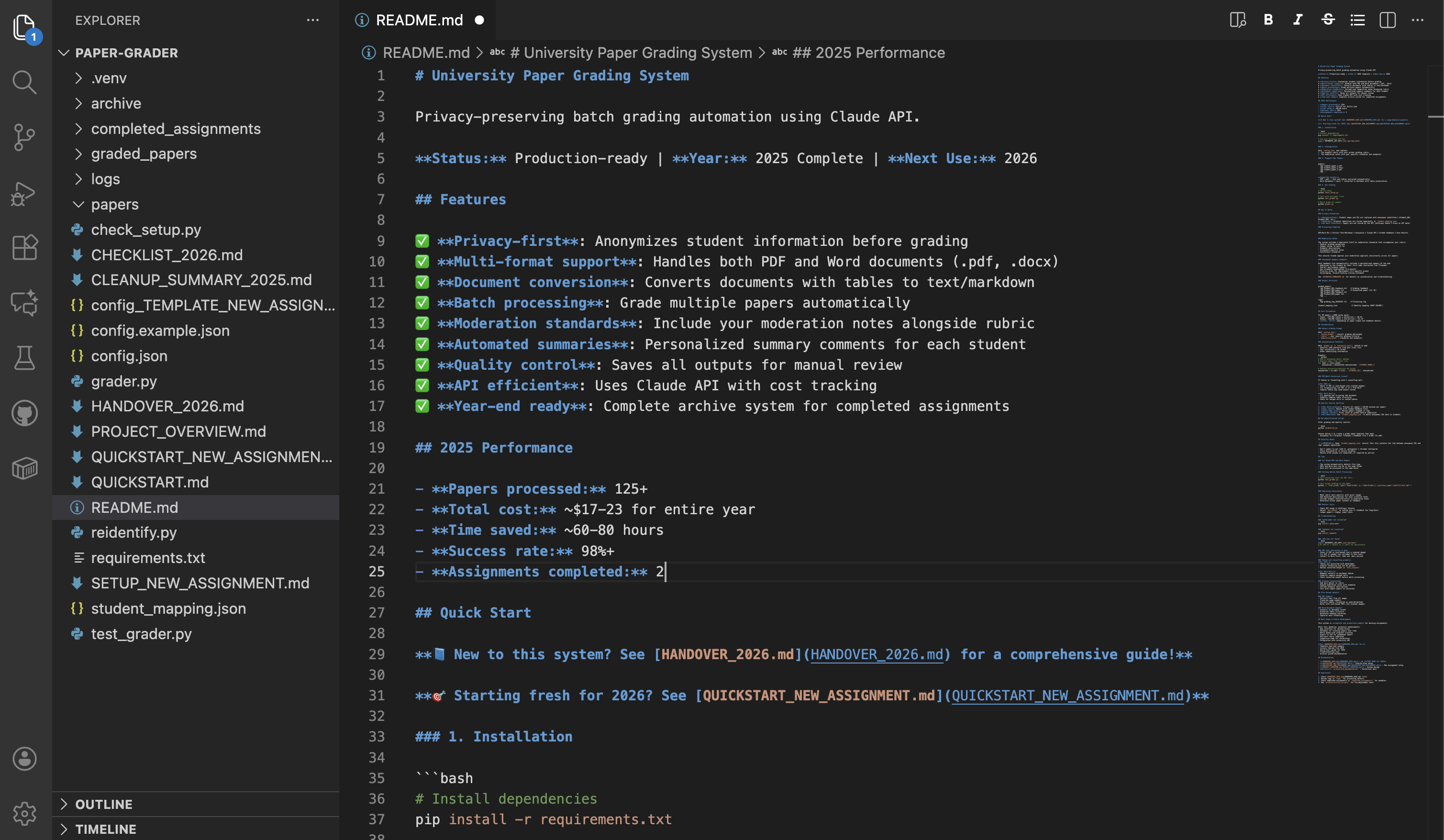 Paper Grader README showing features and setup