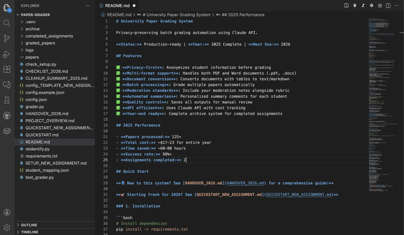 Paper Grader README showing features and setup